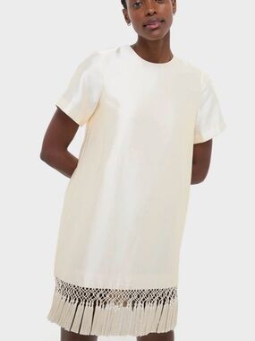 Tuckernuck Cream Short-Sleeve Tunic Dress with Fringe Hem